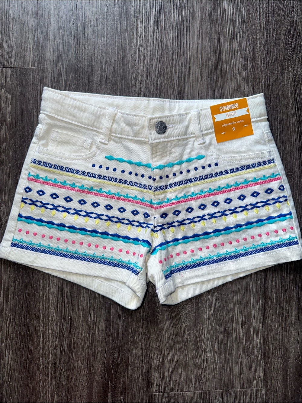 Gymboree White Denim Shorts with Blue and Multicolor Embroidery